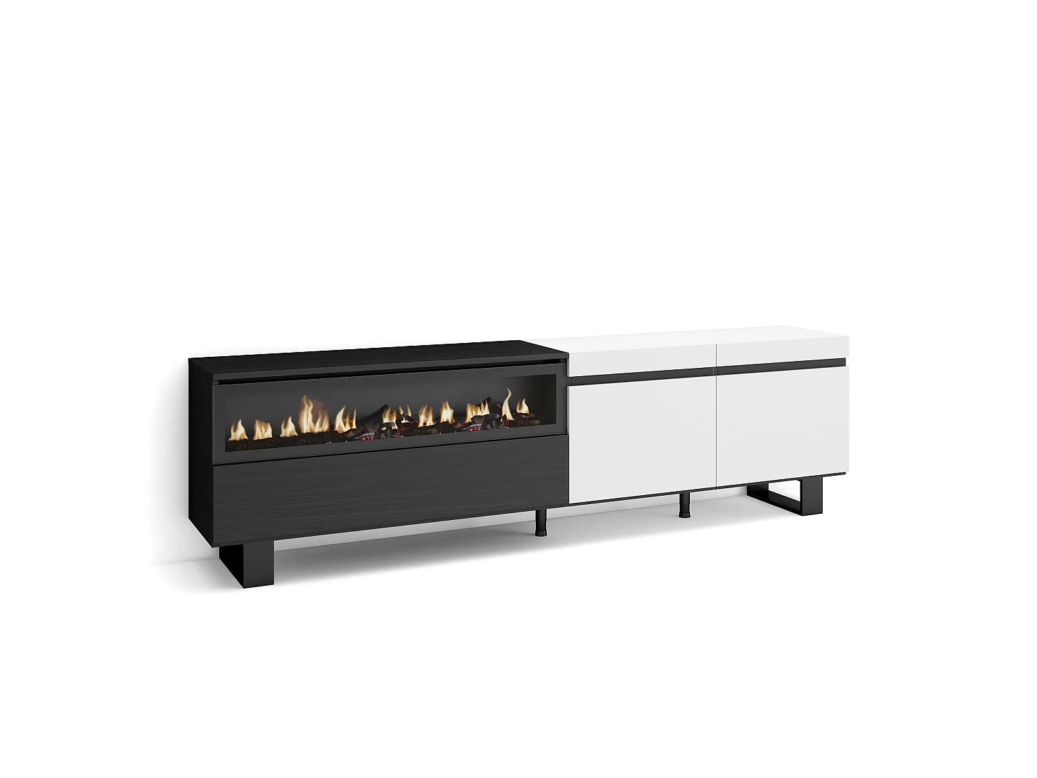 Mobile TV Soggiorno, 200x35x57cm, Per TV fino a 80", Camino elettrico, Design industriale, Bianco e nero