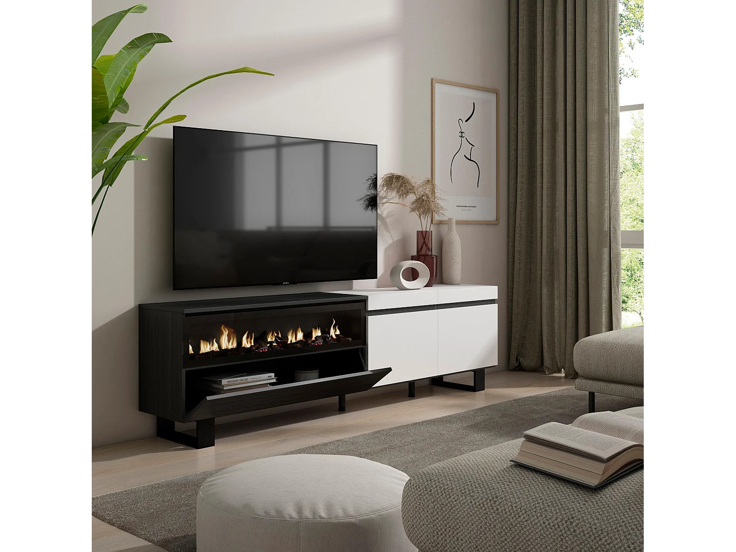 Mobile TV Soggiorno, 200x35x57cm, Per TV fino a 80", Camino elettrico, Design industriale, Bianco e nero