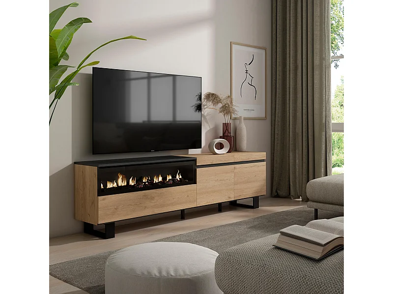 TV-Schrank, Lowboard, 200x35x57cm, Für TV-Geräte bis zu 80", Elektrokamin, Industriedesign, Eiche Schwarz