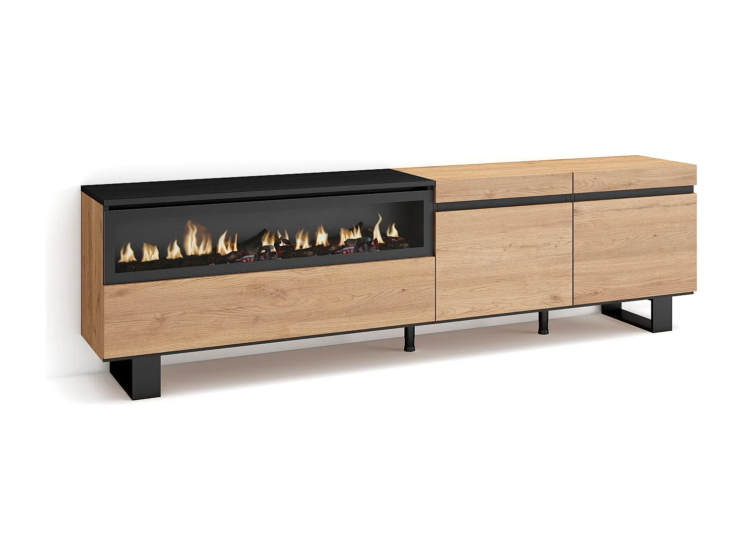 Mueble TV, Televisión, 200x35x57cm, Para TV hasta 80", Chimenea eléctrica, Diseño industrial, Roble y negro