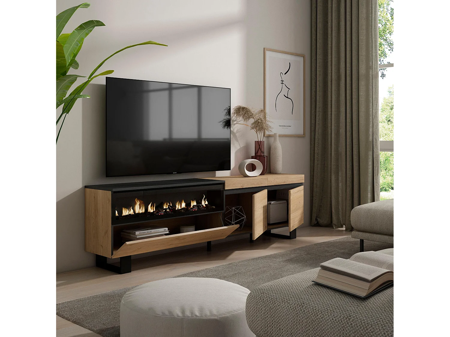 Mueble TV, Televisión, 200x35x57cm, Para TV hasta 80", Chimenea eléctrica, Diseño industrial, Roble y negro