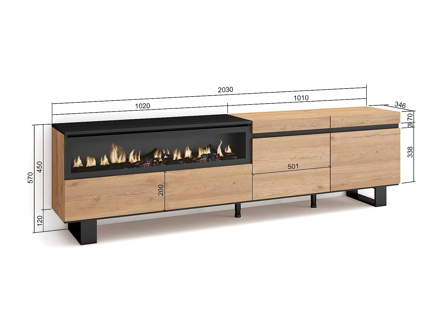 Mueble TV, Televisión, 200x35x57cm, Para TV hasta 80", Chimenea eléctrica, Diseño industrial, Roble y negro