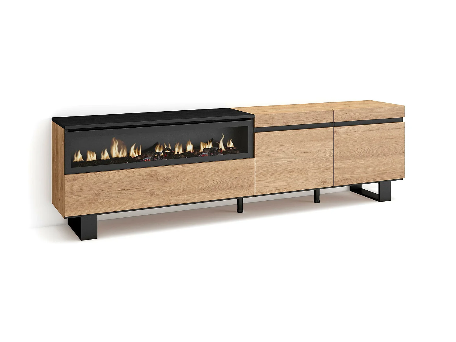 Meuble TV, Banc Télé, 200x35x57cm, Pour les TV jusqu'à 80", Cheminée électrique, Design industriel, Chêne et noir