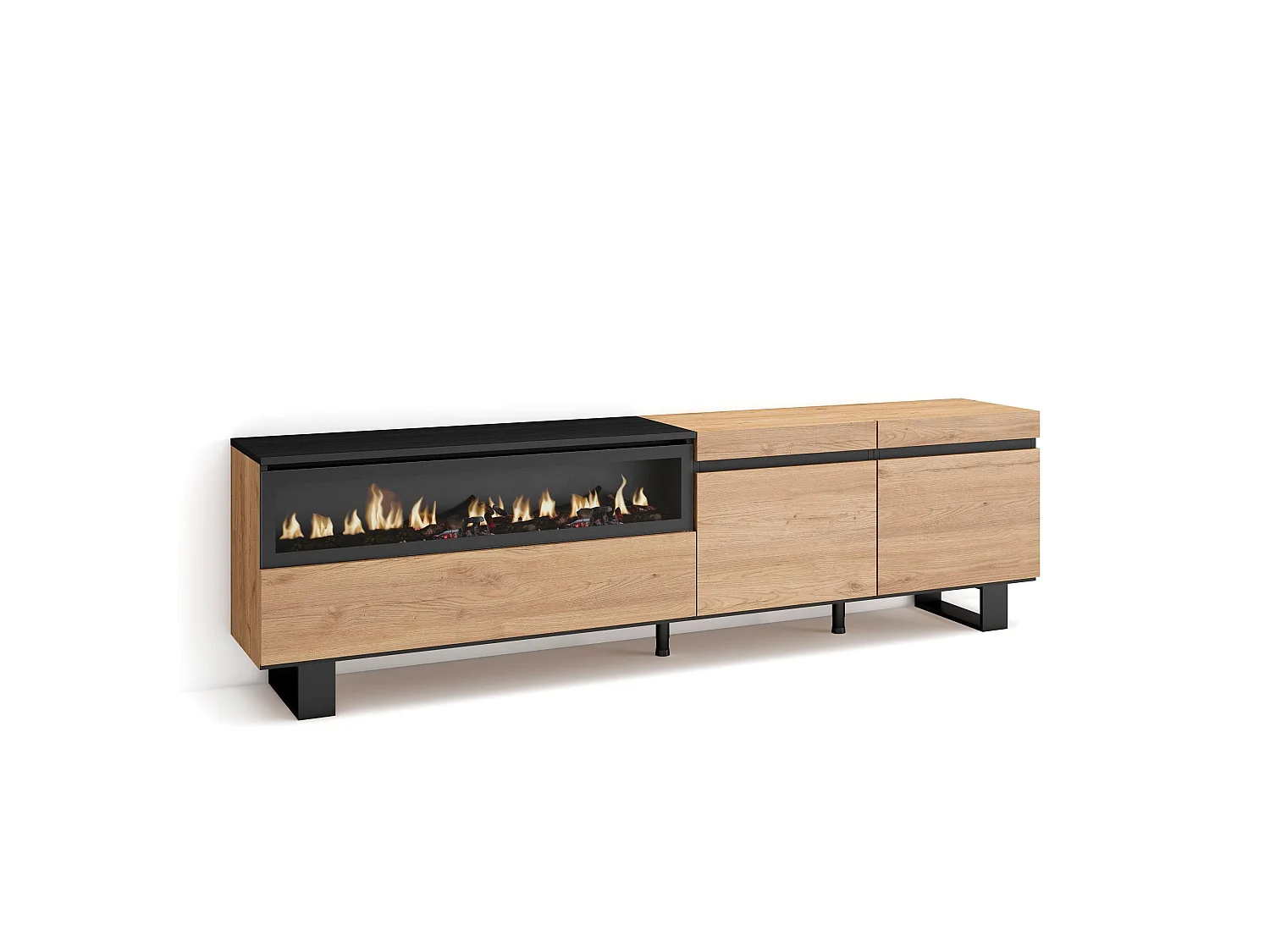 TV-Meubel, Lowboard, 200x35x57cm, Voor tv's tot 80", Elektrische haard, Industrieel design, Eiken/Zwart