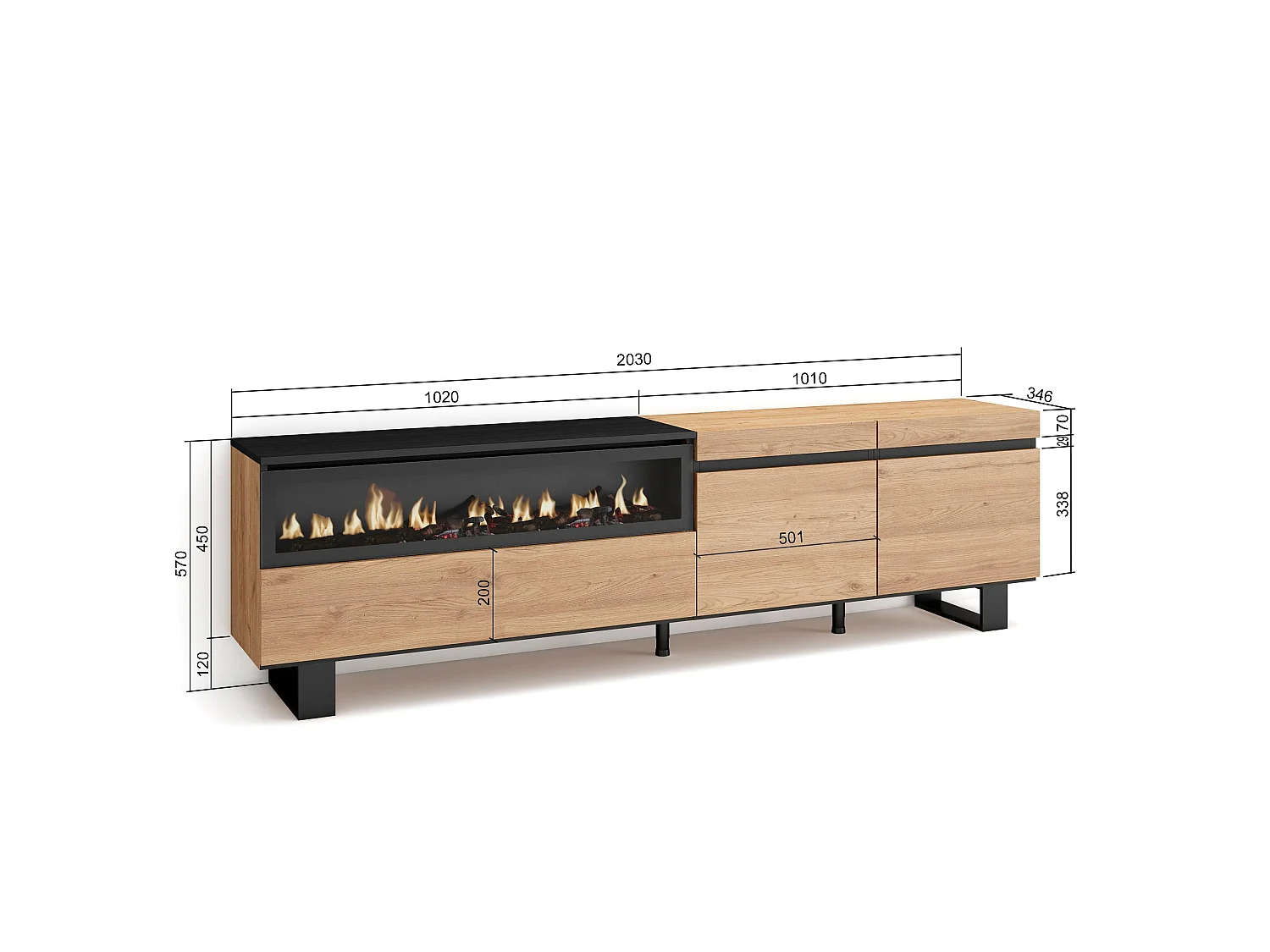 TV-Meubel, Lowboard, 200x35x57cm, Voor tv's tot 80", Elektrische haard, Industrieel design, Eiken/Zwart