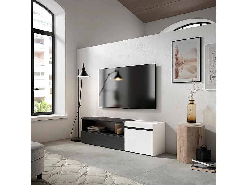 Móvel de TV, 150x35x45cm, Para televisores até 65", Estante para TV, Branco e preto