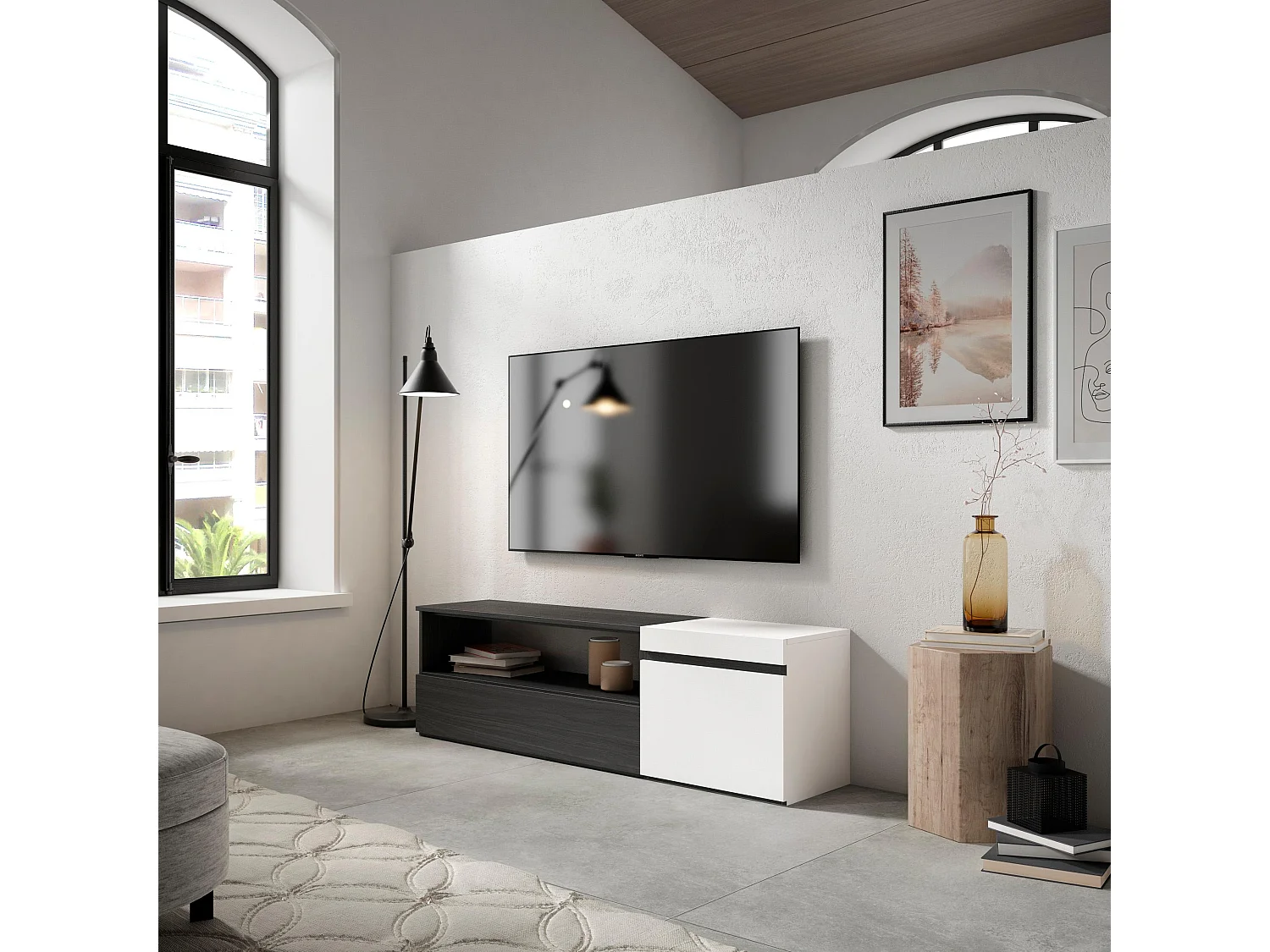 TV-Meubel, Lowboard, 150x35x45cm, Voor tv's tot 65", TV-Tafel, Wit en Zwart