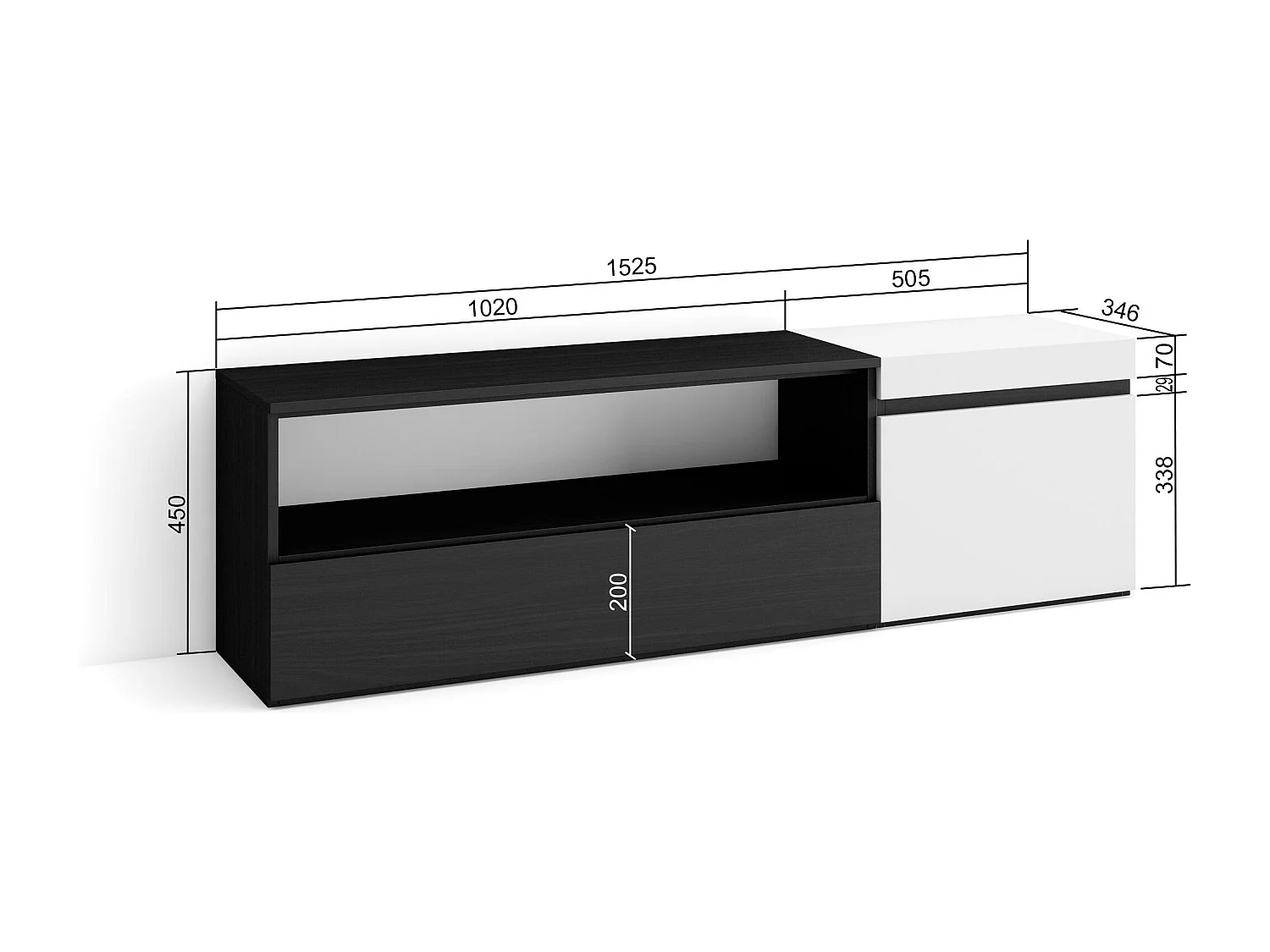 Meuble TV, Banc Télé, 150x35x45cm, Pour les TV jusqu'à 65", Meubles de salon, Blanc et noir