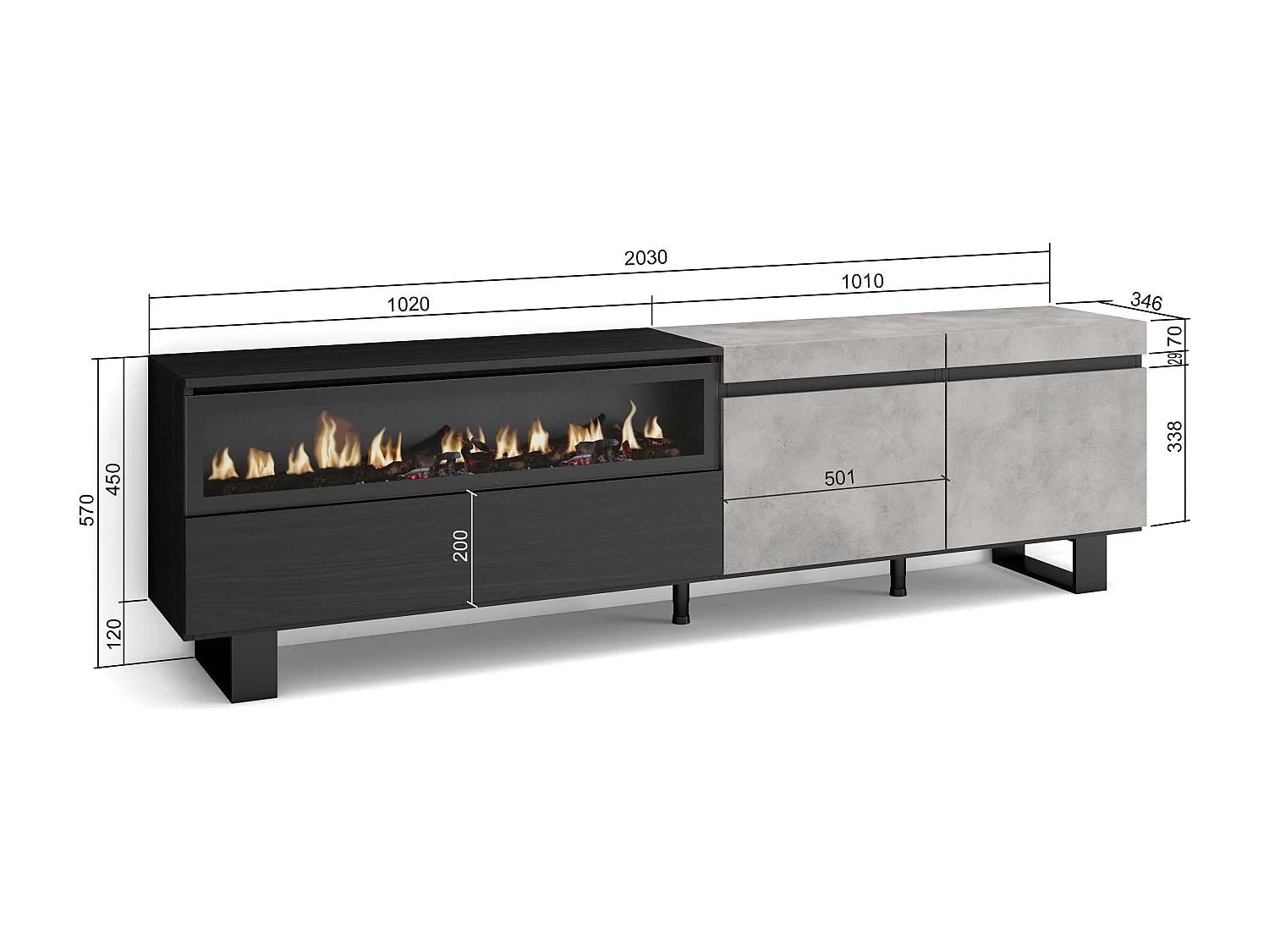 Meuble TV, Banc Télé, 200x35x57cm, Pour les TV jusqu'à 80", Cheminée électrique, Design industriel, Ciment