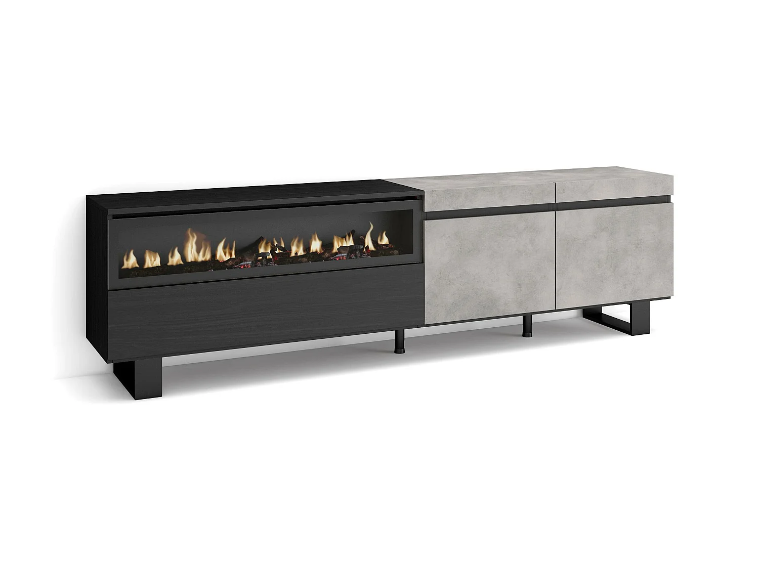 Meuble TV, Banc Télé, 200x35x57cm, Pour les TV jusqu'à 80", Cheminée électrique, Design industriel, Ciment