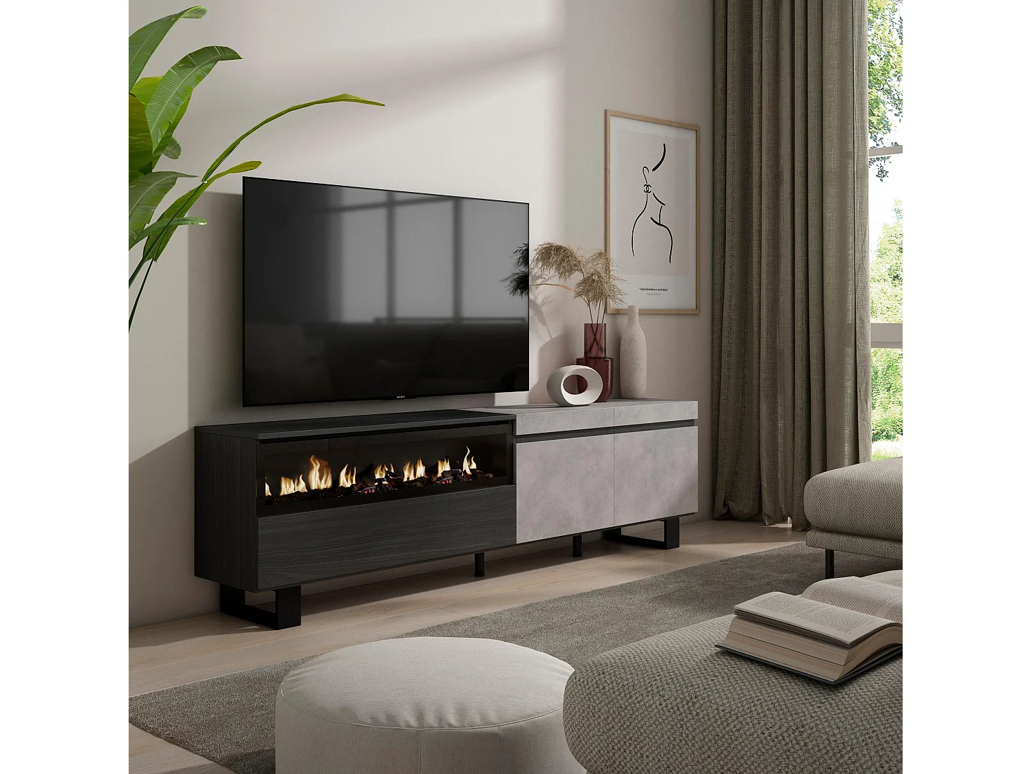 TV-Meubel, Lowboard, 200x35x57cm, Voor tv's tot 80", Elektrische haard, Industrieel design, Cement