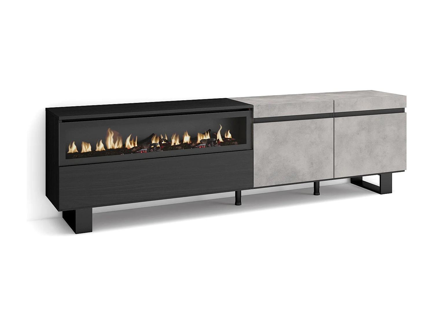 TV-Meubel, Lowboard, 200x35x57cm, Voor tv's tot 80", Elektrische haard, Industrieel design, Cement