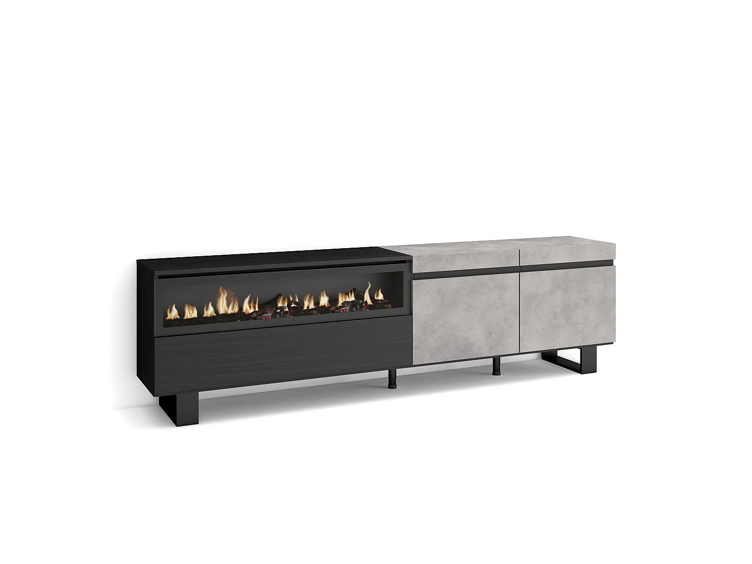 TV-Meubel, Lowboard, 200x35x57cm, Voor tv's tot 80", Elektrische haard, Industrieel design, Cement
