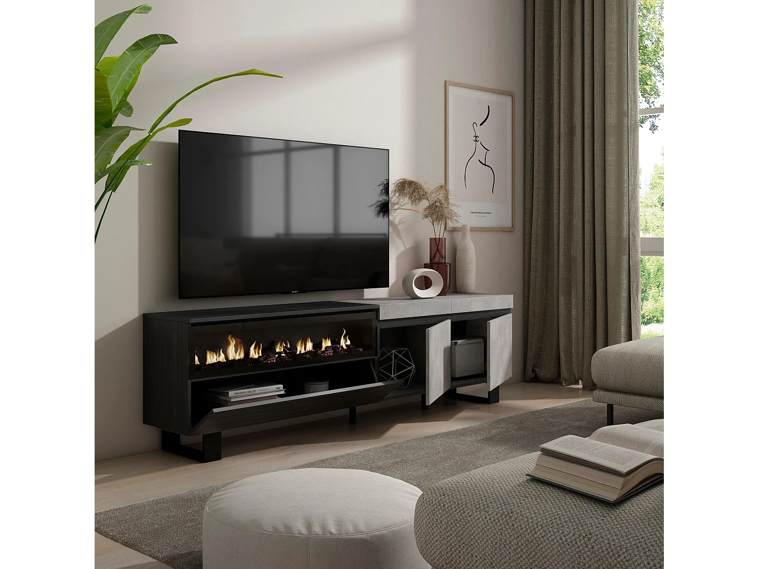 TV-Meubel, Lowboard, 200x35x57cm, Voor tv's tot 80", Elektrische haard, Industrieel design, Cement