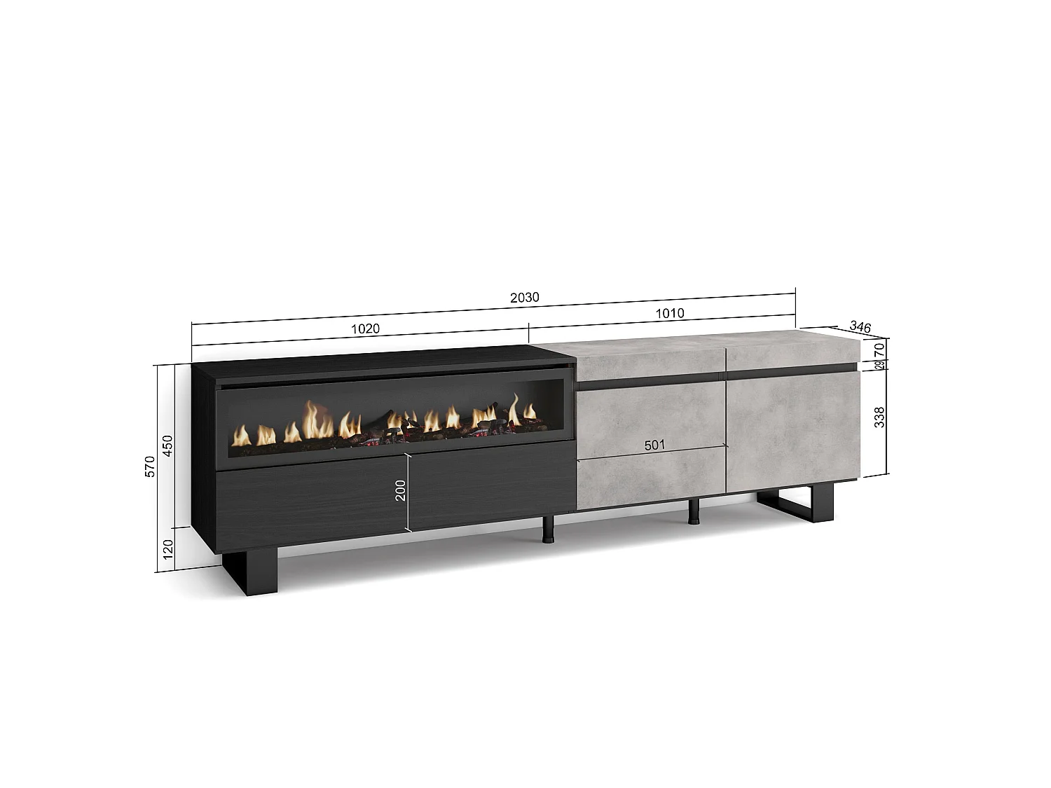 TV-Meubel, Lowboard, 200x35x57cm, Voor tv's tot 80", Elektrische haard, Industrieel design, Cement