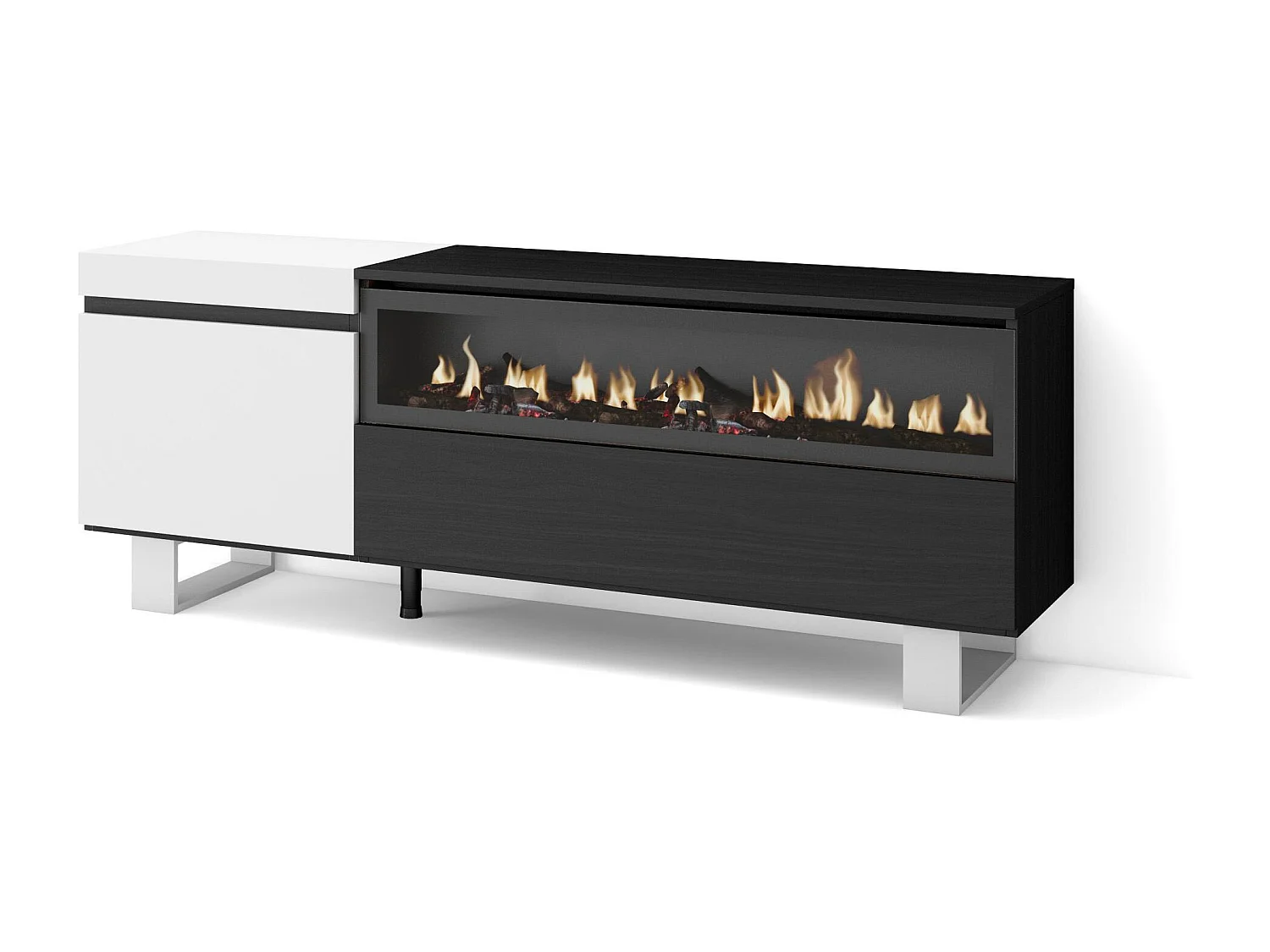 TV-Schrank, Lowboard, 150x35x57cm, Für TV-Geräte bis zu 65", Elektrokamin. , Industriedesign, Weiß und Schwarz