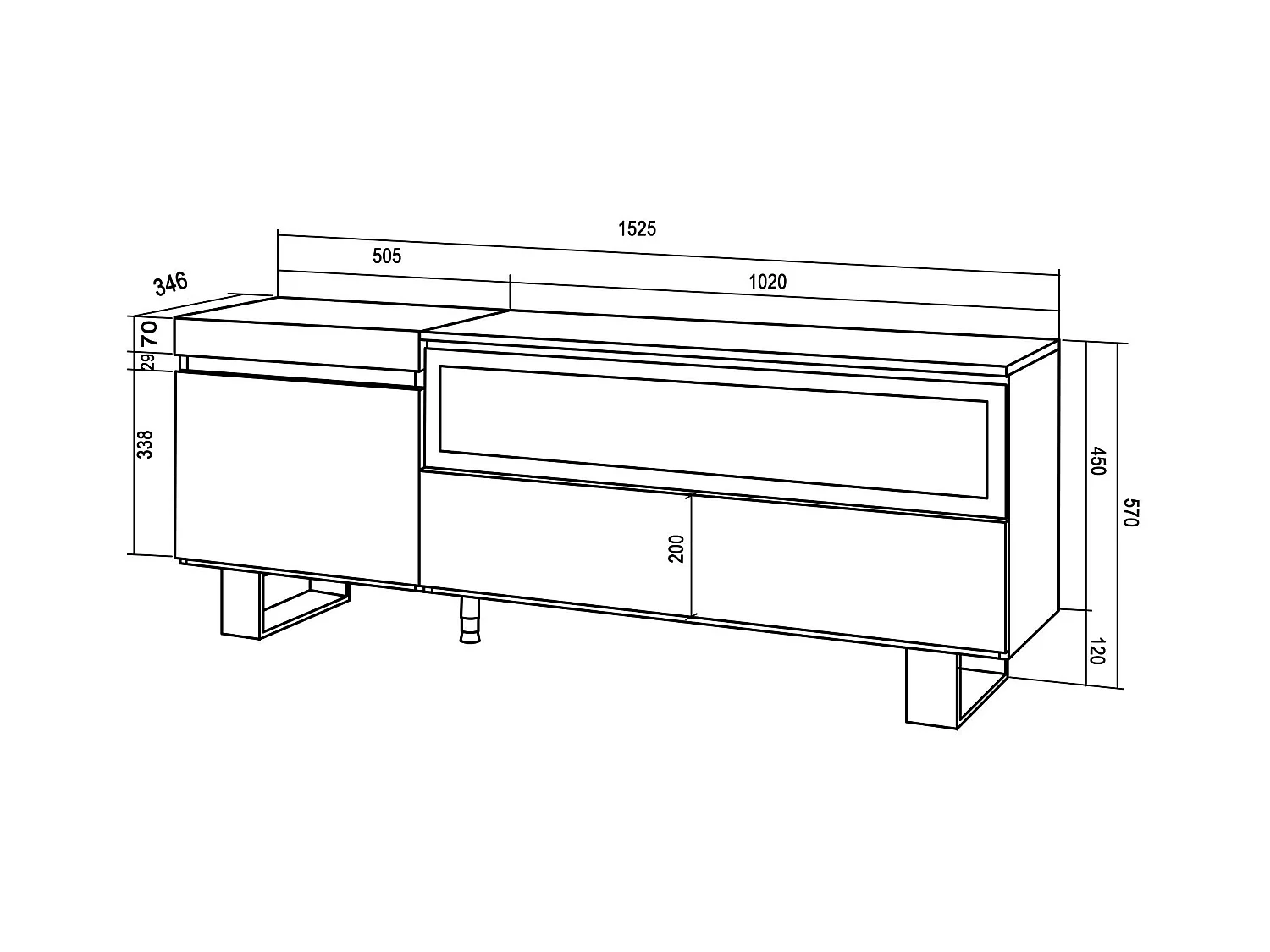 TV-Schrank, Lowboard, 150x35x57cm, Für TV-Geräte bis zu 65", Elektrokamin. , Industriedesign, Weiß und Schwarz