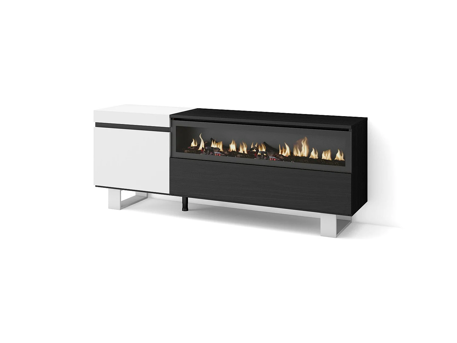 Meuble TV, Banc Télé, 150x35x57cm, Pour les TV jusqu'à 65", Cheminée électrique, Design industriel, Blanc et noir