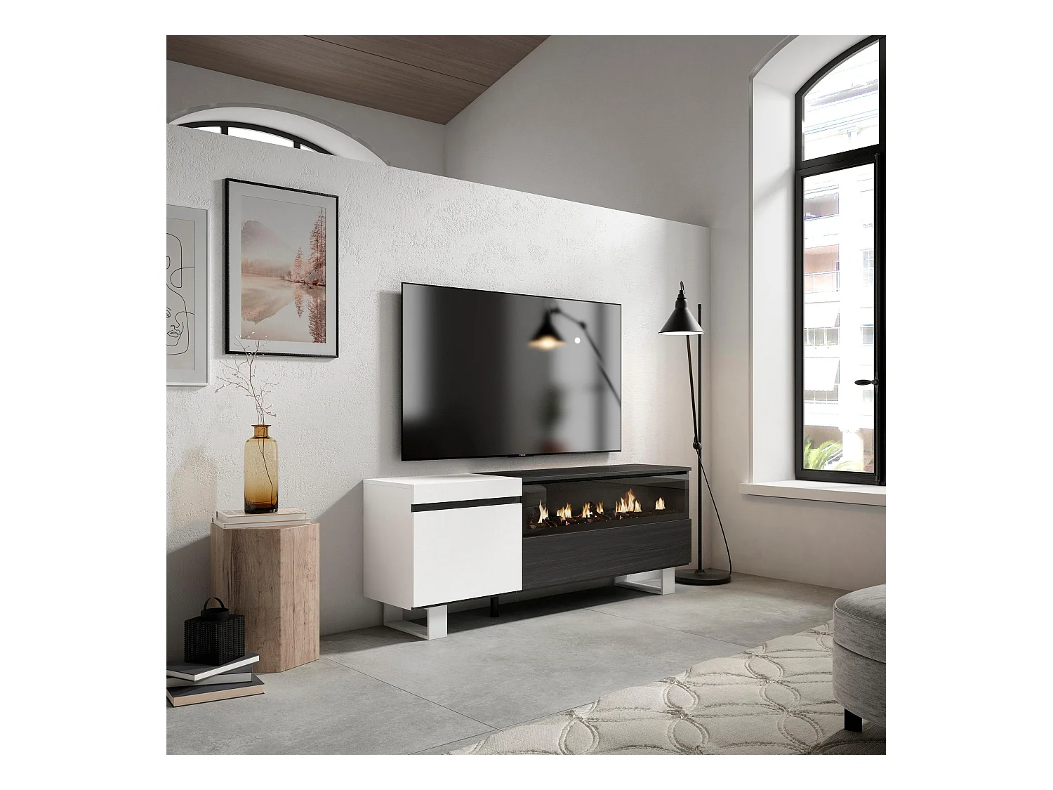 TV-Meubel, Lowboard, 150x35x57cm, Voor tv's tot 65", Elektrische haard, Industrieel design, Wit en Zwart