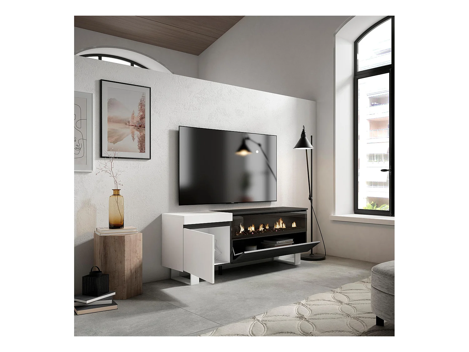 TV-Meubel, Lowboard, 150x35x57cm, Voor tv's tot 65", Elektrische haard, Industrieel design, Wit en Zwart