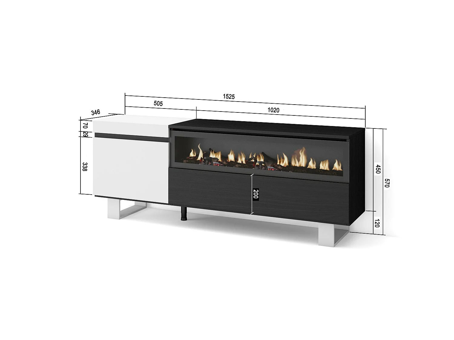 TV-Meubel, Lowboard, 150x35x57cm, Voor tv's tot 65", Elektrische haard, Industrieel design, Wit en Zwart