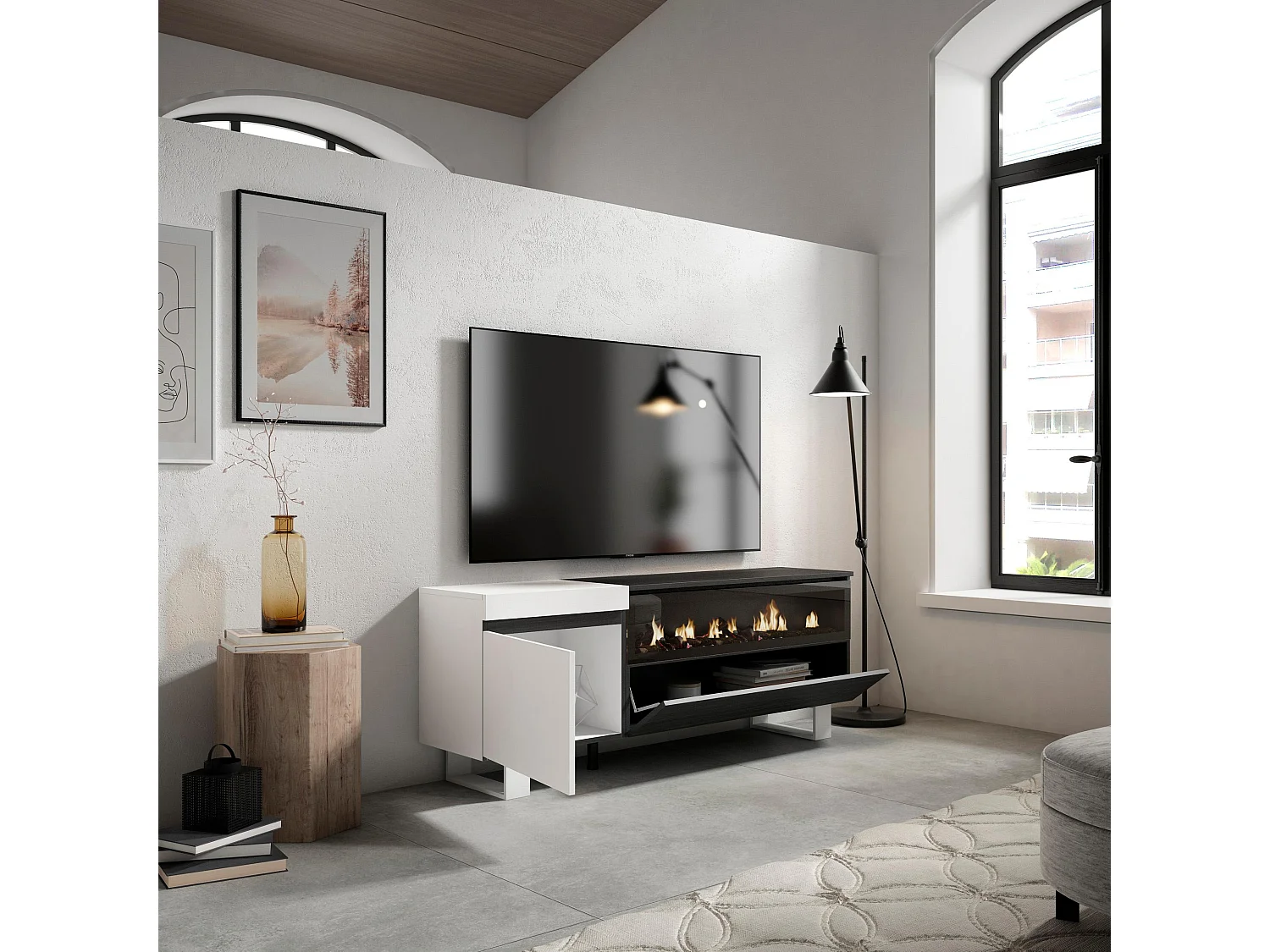 Meuble TV, Banc Télé, 150x35x57cm, Pour les TV jusqu'à 65", Cheminée électrique, Design industriel, Blanc et noir