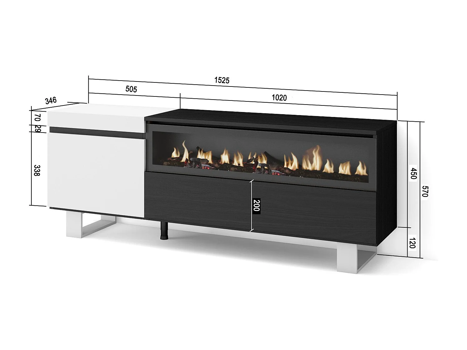 Meuble TV, Banc Télé, 150x35x57cm, Pour les TV jusqu'à 65", Cheminée électrique, Design industriel, Blanc et noir