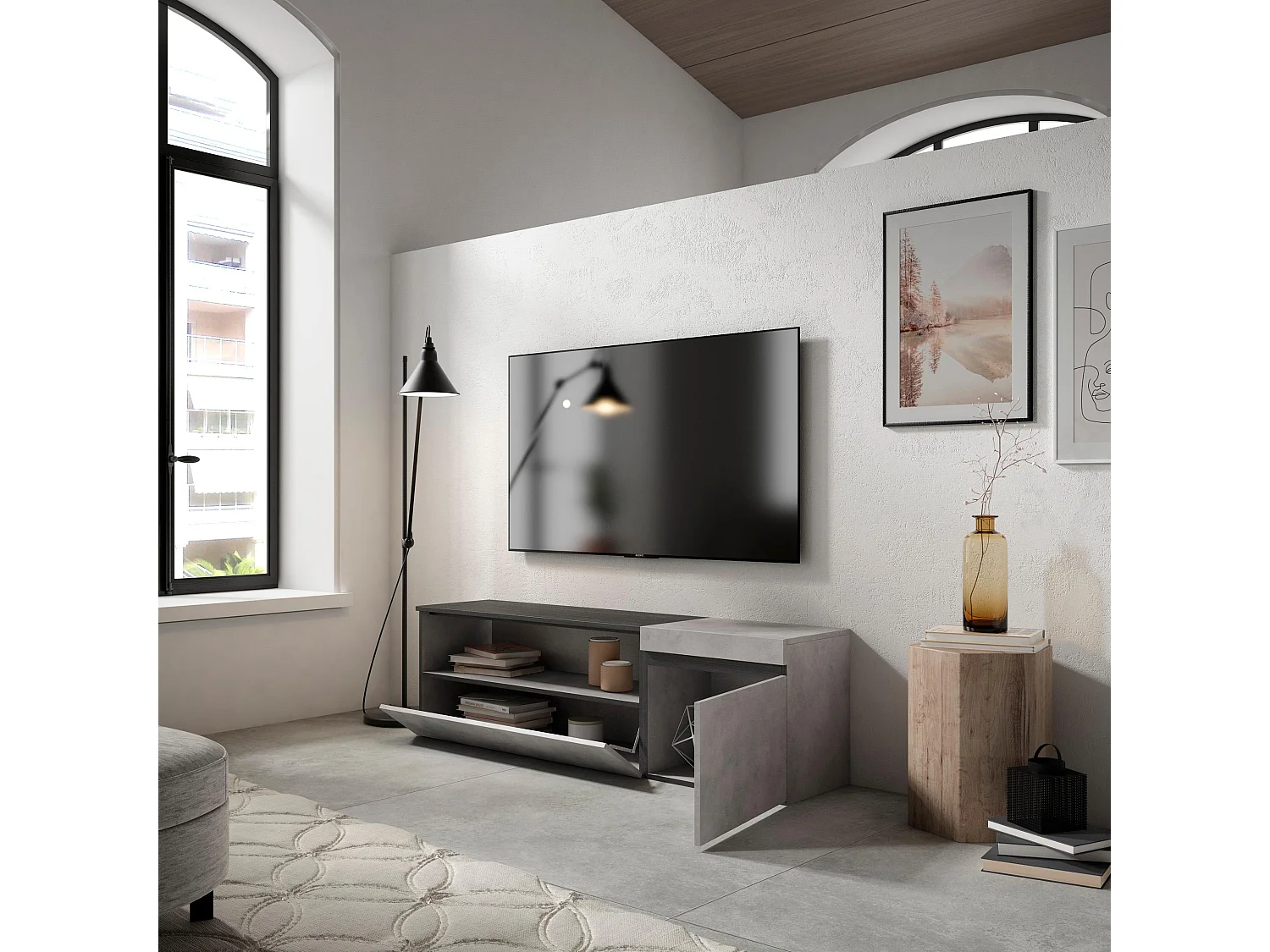 Meuble TV, Banc Télé, 150x35x45cm, Pour les TV jusqu'à 65", Meubles de salon, Ciment