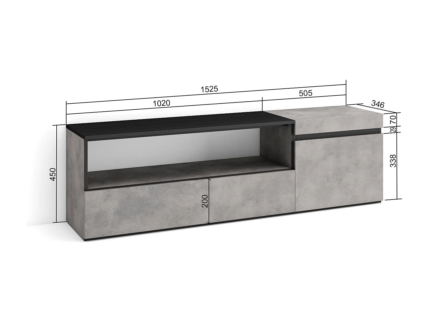 Meuble TV, Banc Télé, 150x35x45cm, Pour les TV jusqu'à 65", Meubles de salon, Ciment