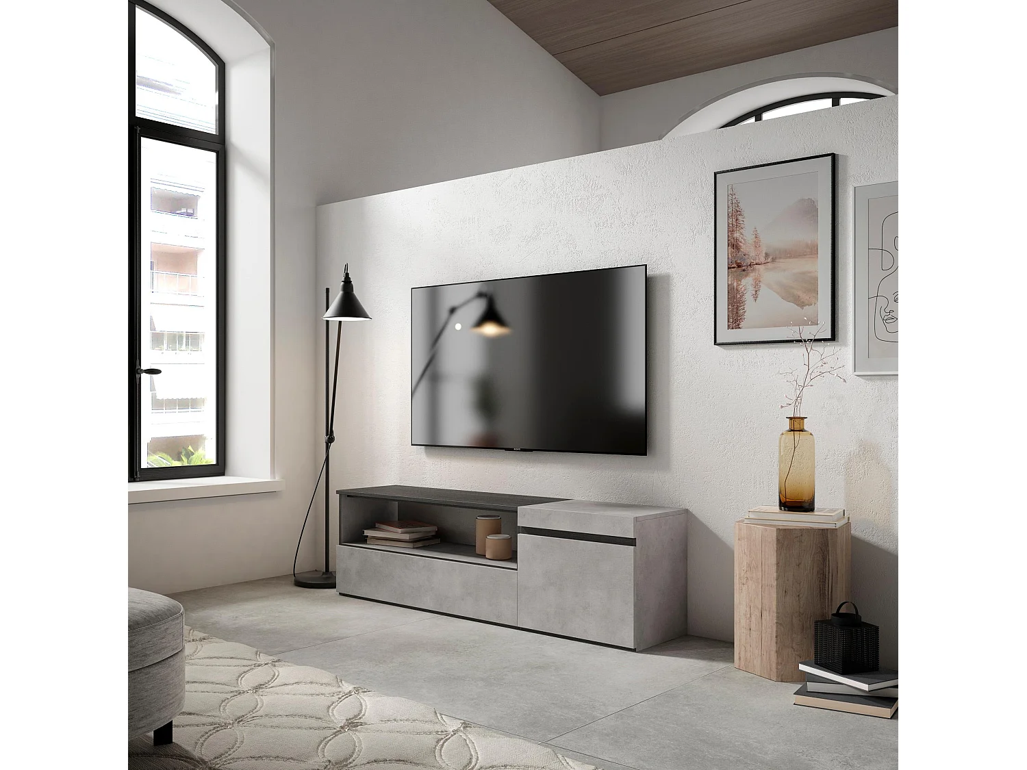 TV-Meubel, Lowboard, 150x35x45cm, Voor tv's tot 65", TV-Tafel, Cement