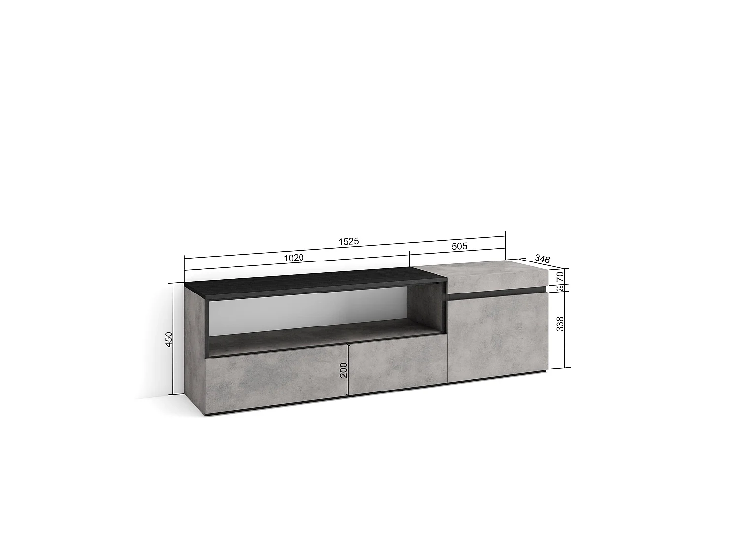 TV-Meubel, Lowboard, 150x35x45cm, Voor tv's tot 65", TV-Tafel, Cement