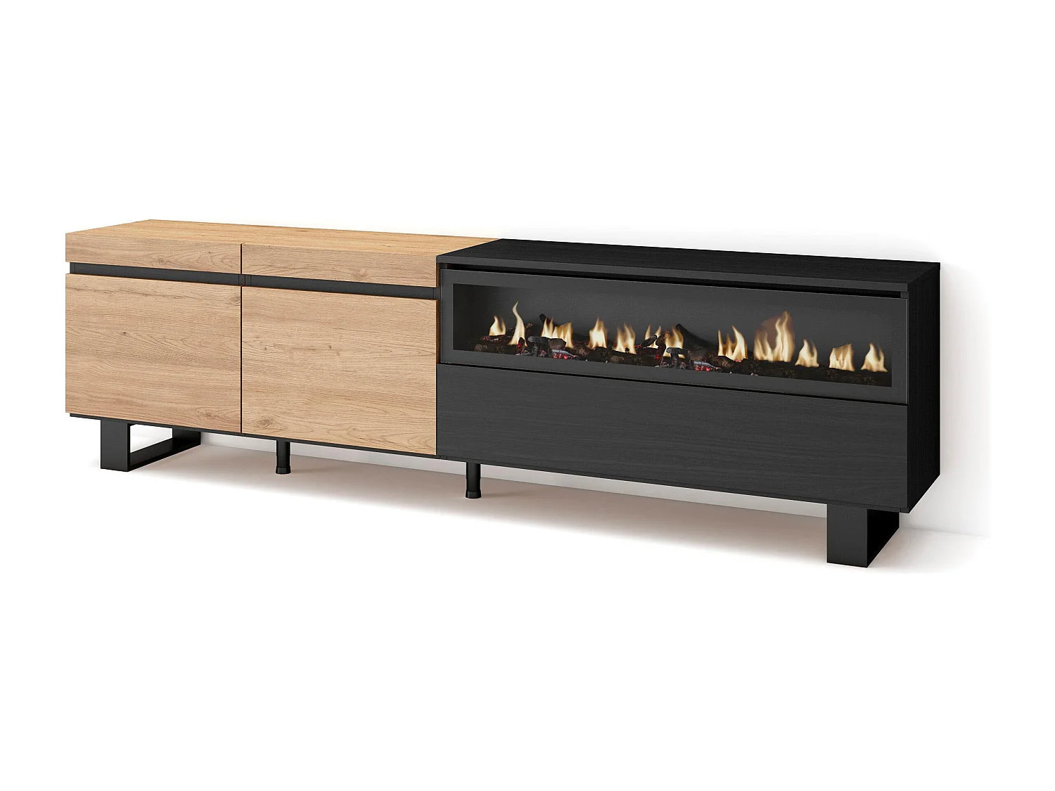 Mueble TV, Televisión, 200x35x57cm, Para TV hasta 80", Chimenea eléctrica, Diseño industrial, Roble y negro