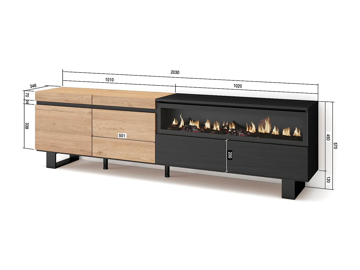 Mueble TV, Televisión, 200x35x57cm, Para TV hasta 80", Chimenea eléctrica, Diseño industrial, Roble y negro