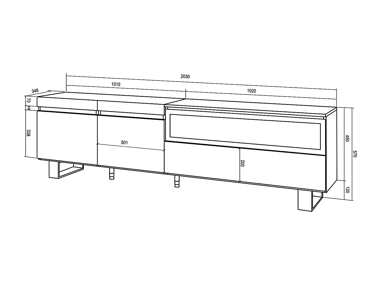 Mueble TV, Televisión, 200x35x57cm, Para TV hasta 80", Chimenea eléctrica, Diseño industrial, Roble y negro