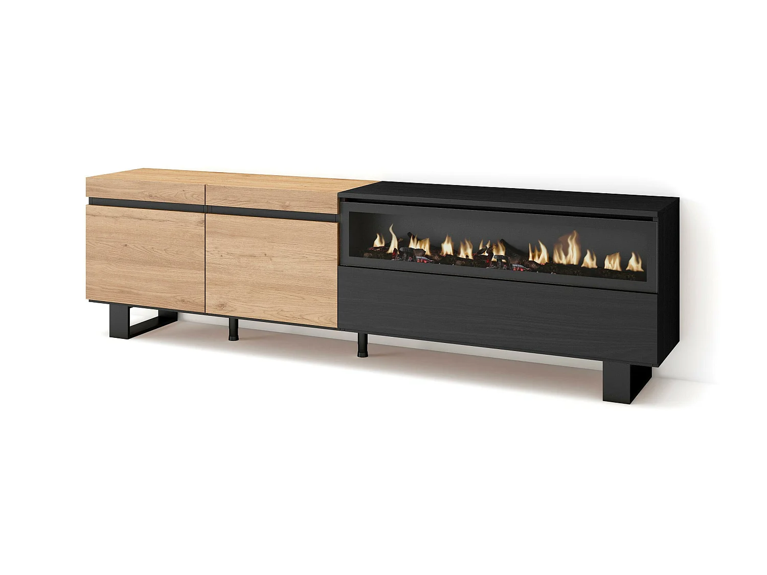 Meuble TV, Banc Télé, 200x35x57cm, Pour les TV jusqu'à 80", Cheminée électrique, Design industriel, Chêne et noir