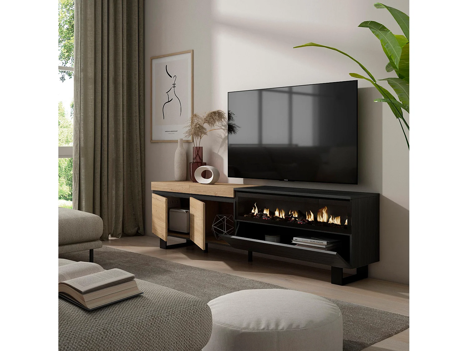 Meuble TV, Banc Télé, 200x35x57cm, Pour les TV jusqu'à 80", Cheminée électrique, Design industriel, Chêne et noir