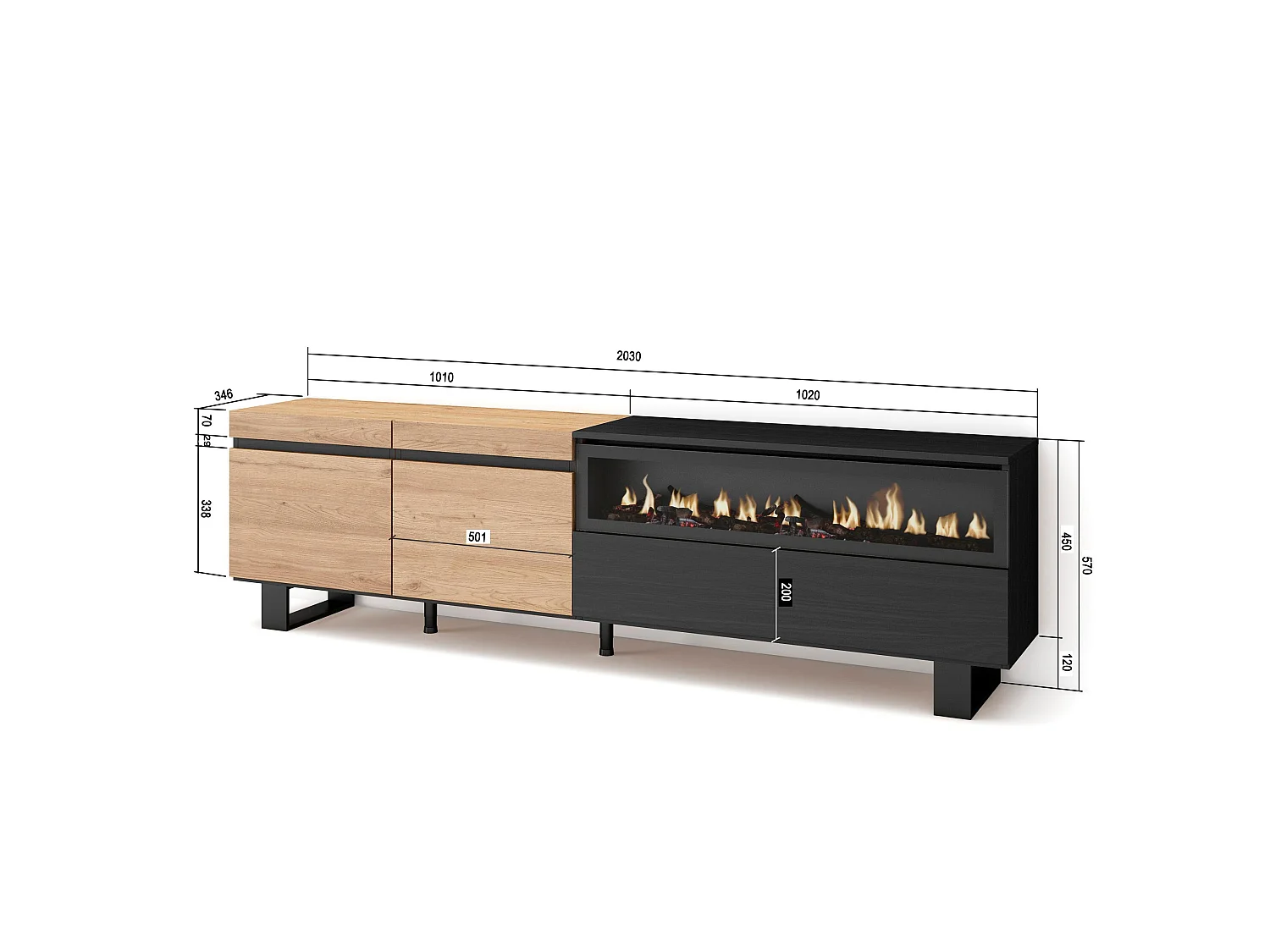 Meuble TV, Banc Télé, 200x35x57cm, Pour les TV jusqu'à 80", Cheminée électrique, Design industriel, Chêne et noir