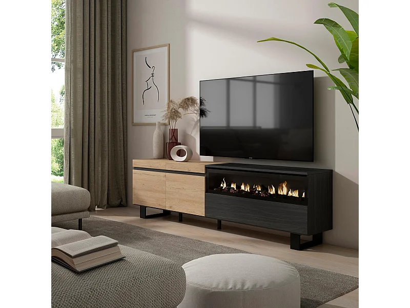 Meuble TV, Banc Télé, 200x35x57cm, Pour les TV jusqu'à 80", Cheminée électrique, Design industriel, Chêne et noir