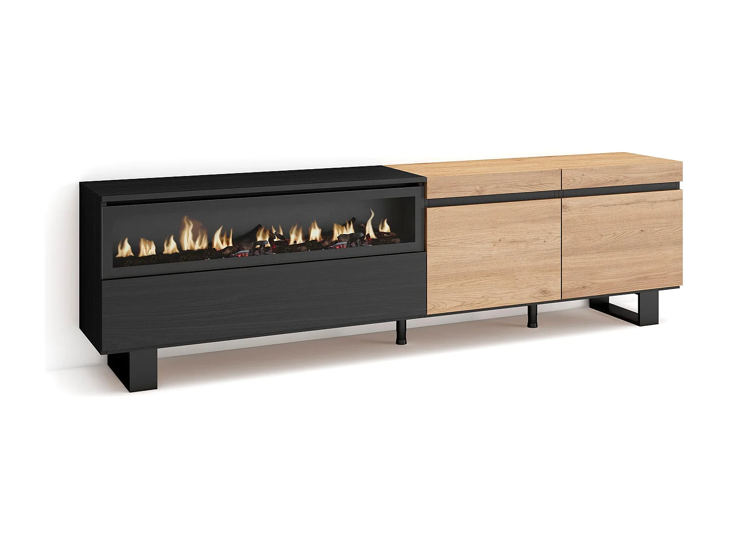 TV-Schrank, Lowboard, 200x35x57cm, Für TV-Geräte bis zu 80", Elektrokamin, Industriedesign, Eiche Schwarz