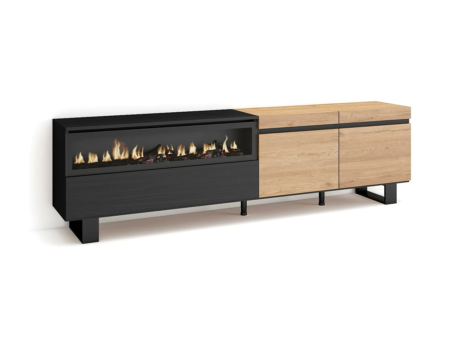 Meuble TV, Banc Télé, 200x35x57cm, Pour les TV jusqu'à 80", Cheminée électrique, Design industriel, Chêne et noir