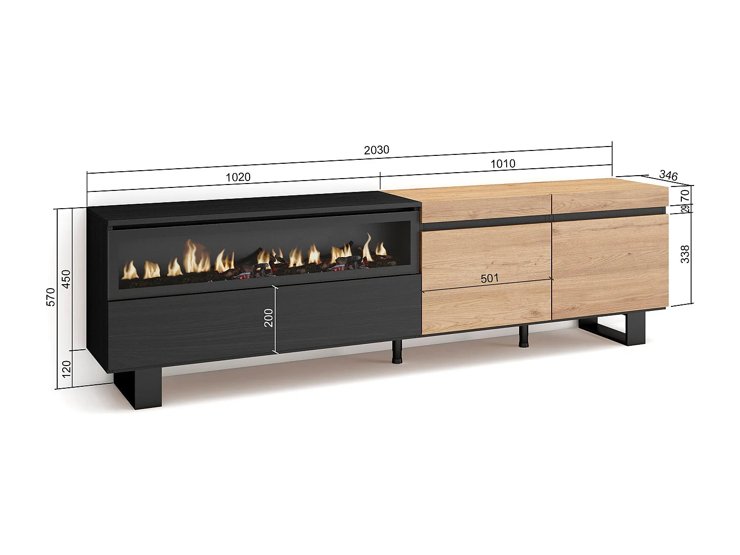 Meuble TV, Banc Télé, 200x35x57cm, Pour les TV jusqu'à 80", Cheminée électrique, Design industriel, Chêne et noir