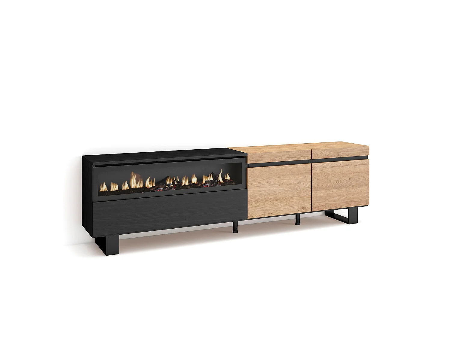 TV-Meubel, Lowboard, 200x35x57cm, Voor tv's tot 80", Elektrische haard, Industrieel design, Eiken/Zwart