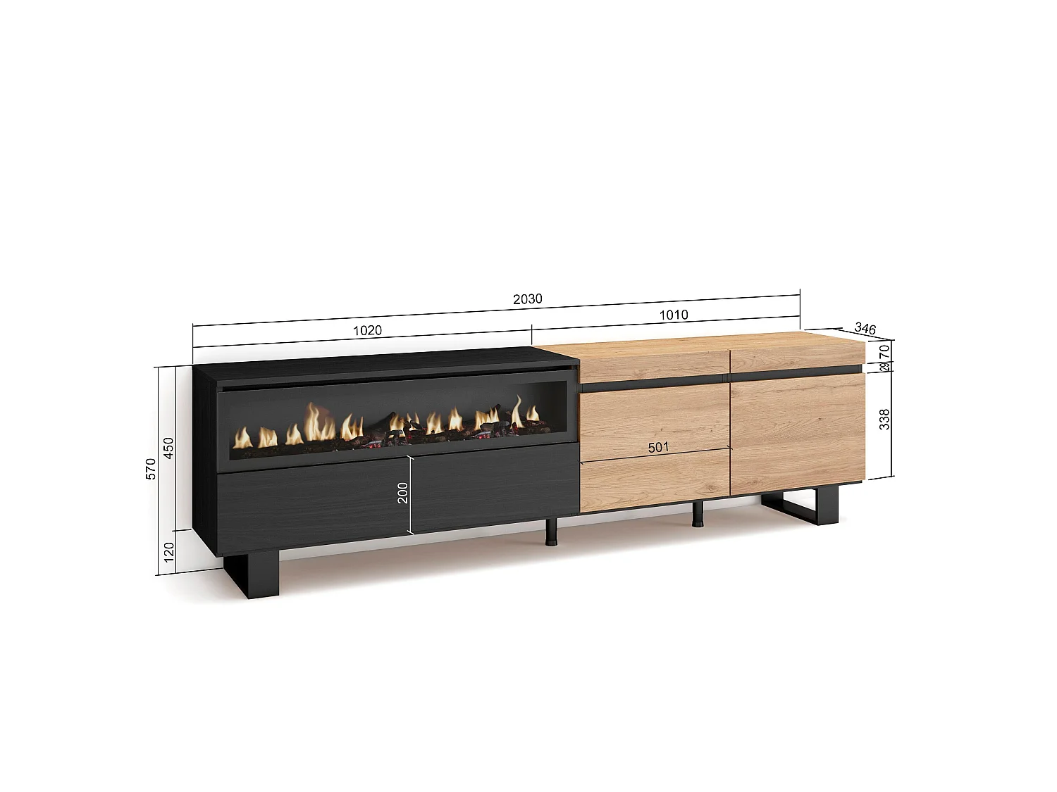 TV-Meubel, Lowboard, 200x35x57cm, Voor tv's tot 80", Elektrische haard, Industrieel design, Eiken/Zwart