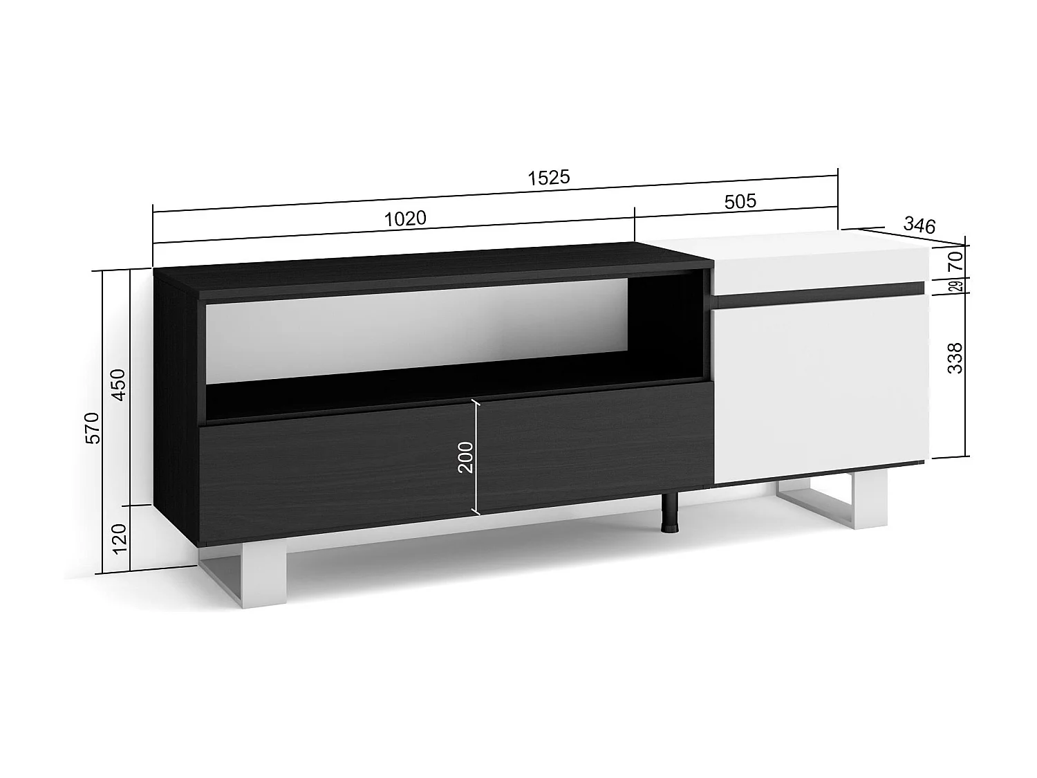 TV-Schrank, Lowboard, 150x35x57cm, Für TV-Geräte bis zu 65", Industriedesign, Weiß und Schwarz