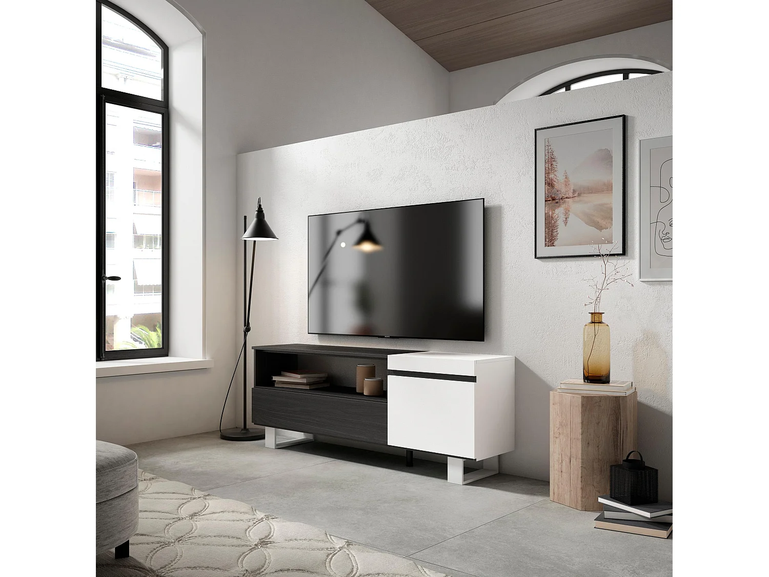 TV-Meubel, Lowboard, 150x35x57cm, Voor tv's tot 65", Industrieel design, Wit en Zwart