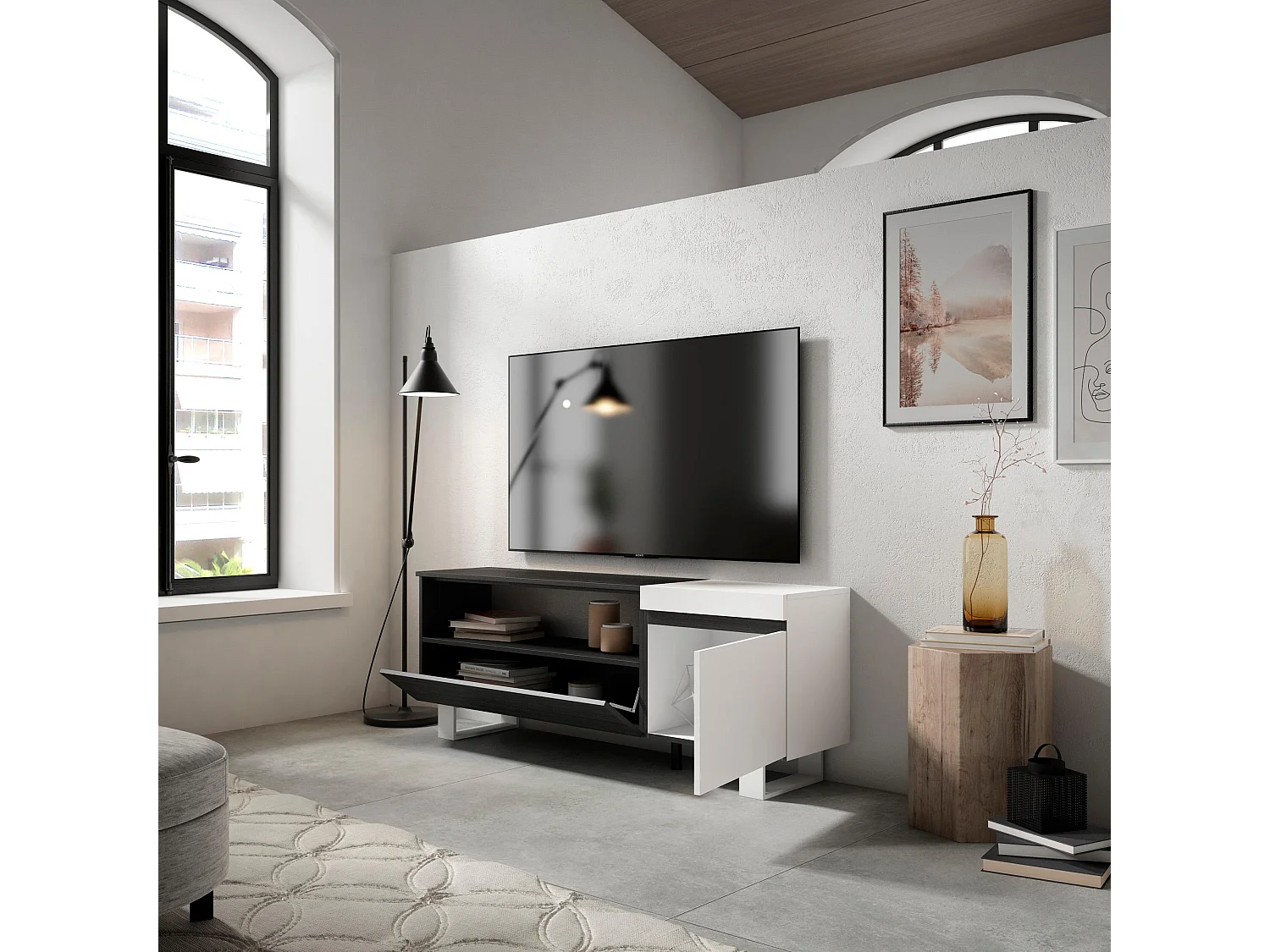 TV-Meubel, Lowboard, 150x35x57cm, Voor tv's tot 65", Industrieel design, Wit en Zwart