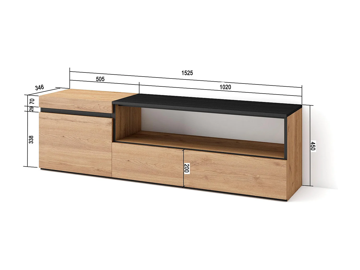 TV-Meubel, Lowboard, 150x35x45cm, Voor tv's tot 65", TV-Tafel, Eiken/Zwart
