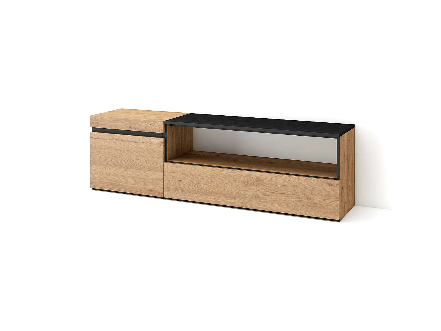 Meuble TV, Banc Télé, 150x35x45cm, Pour les TV jusqu'à 65", Meubles de salon, Chêne et noir