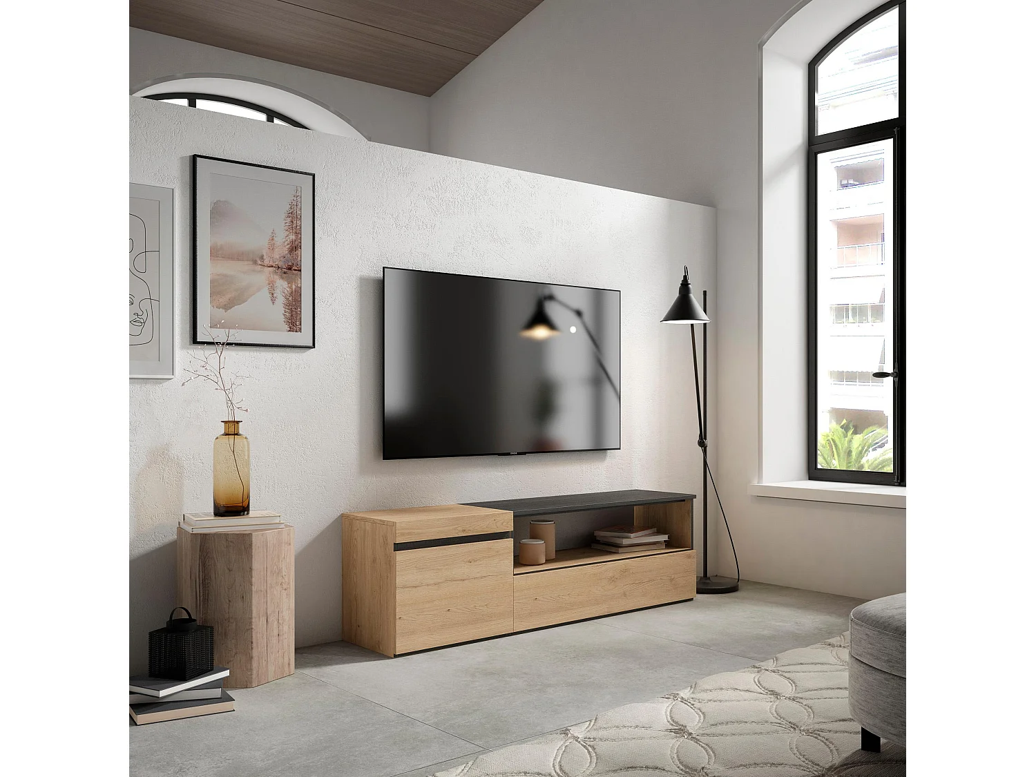 Meuble TV, Banc Télé, 150x35x45cm, Pour les TV jusqu'à 65", Meubles de salon, Chêne et noir