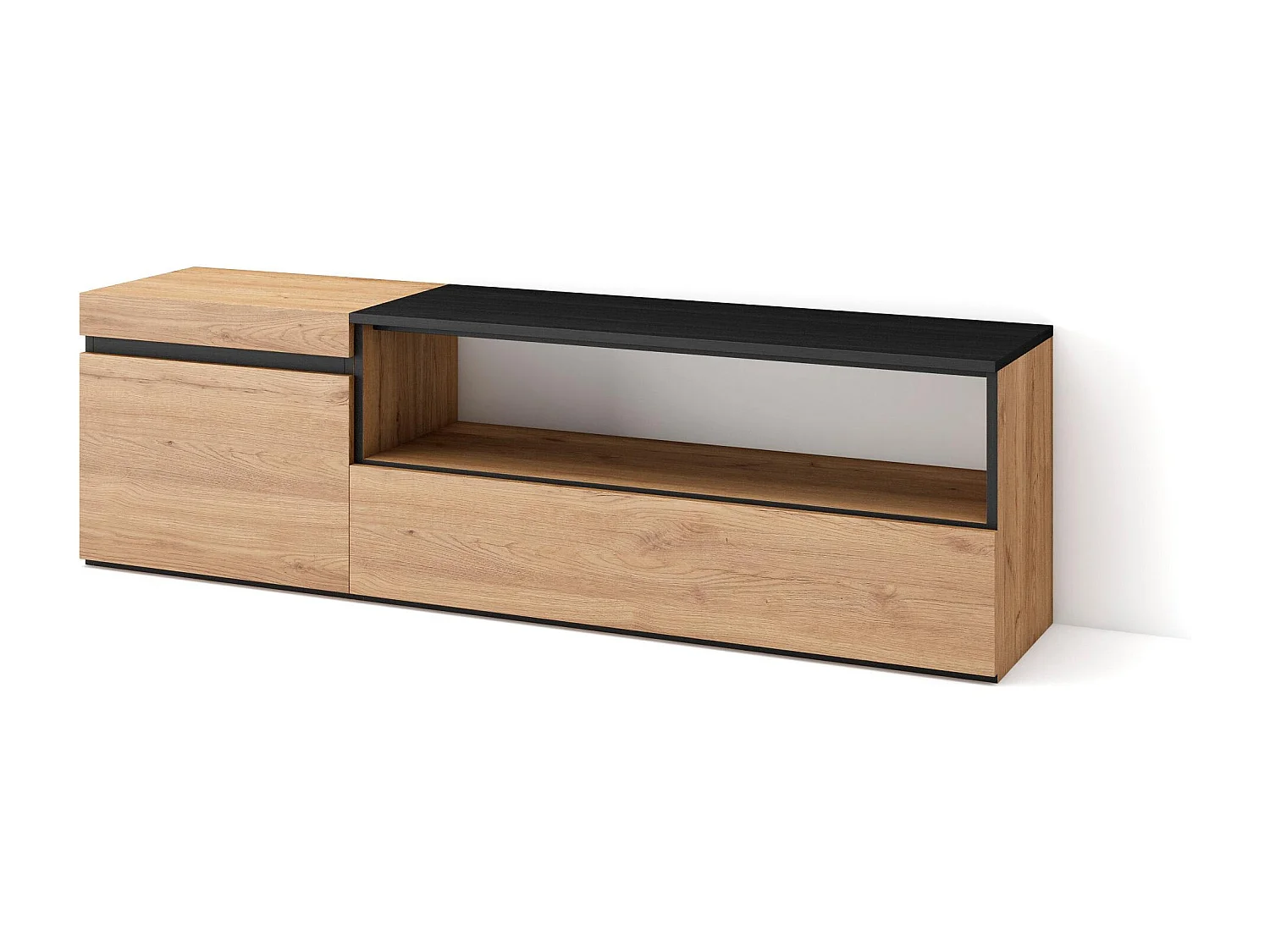 Meuble TV, Banc Télé, 150x35x45cm, Pour les TV jusqu'à 65", Meubles de salon, Chêne et noir